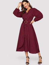 Load image into Gallery viewer, Bishop Sleeve Button Up Self Belted Dress