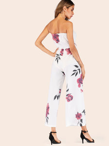 Floral Print Belted Tube Jumpsuit