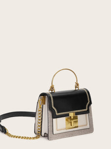 Metal Handle Chain Strap Flap Satchel Bag