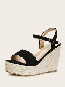 Scalloped Trim Buckle Strap Espadrille Wedges