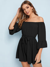 Load image into Gallery viewer, Off Shoulder Flounce Sleeve Belted Romper