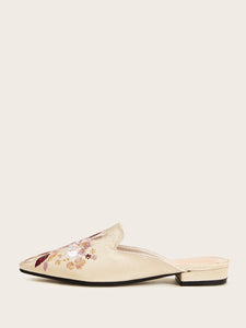 Floral Embroidered Point Toe Flat Mules