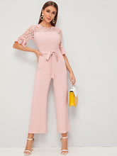 Load image into Gallery viewer, Lace Yoke Ruffle Cuff Belted Jumpsuit