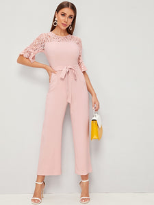 Lace Yoke Ruffle Cuff Belted Jumpsuit