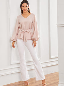 Solid Bishop Sleeve Belted Top