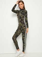 Load image into Gallery viewer, Camo Print Striped Tape Raglan Sleeve Unitard Jumpsuit