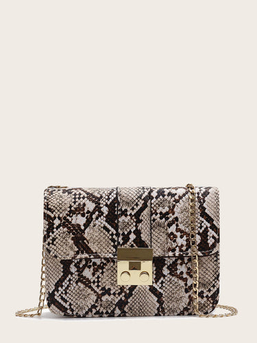 Snakeskin Print Flap Chain Bag