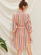 Load image into Gallery viewer, Colorful Striped Belted Notched Shirt Dress