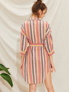 Colorful Striped Belted Notched Shirt Dress