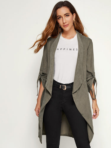 Solid Drawstring Waist Roll-up Sleeve Trench Coat