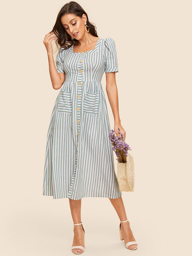 50s Vertical-stripe Button Up Pocket Patched Dress