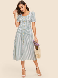 50s Vertical-stripe Button Up Pocket Patched Dress