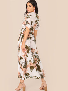 Botanical Print Ruffle Cuff Tie Side Wrap Dress