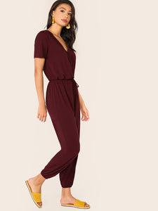 Solid Drawstring Waist Surplice Neck Jumpsuit