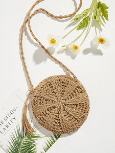 Tassel Detail Round Straw Crossbody Bag