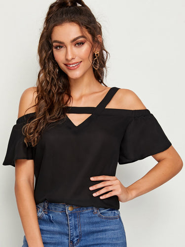 Cutout Front Cold Shoulder Solid Top