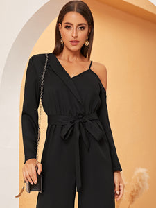 Asymmetrical Neck Wide Leg Belted Jumpsuit