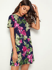 Keyhole Back Tropical Floral Print Tunic Dress