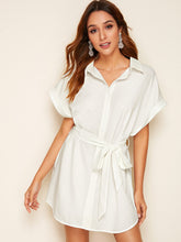 Load image into Gallery viewer, Batwing Sleeve Rolled Cuff Self Belted Shirt Dress