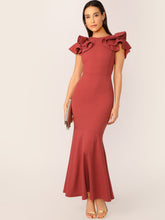 Load image into Gallery viewer, Solid Ruffle Trim Fishtail Hem Bodycon Dress