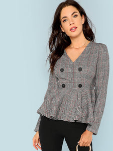 Double Button V-Neck Plaid Blazer