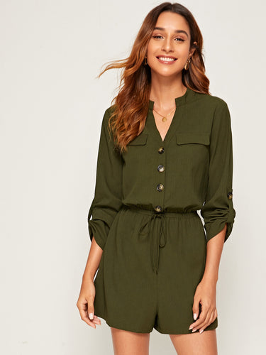 Notch Neck Roll Tab Sleeve Drawstring Waist Romper