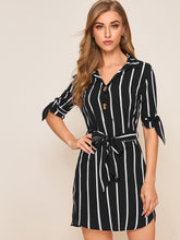 Load image into Gallery viewer, Striped Knot Cuff Belted Shirt Dress