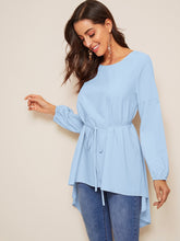 Load image into Gallery viewer, High Low Bishop Sleeve Drop Shoulder Belted Blouse