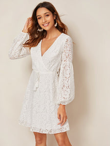 Self Tie Guipure Lace Surplice Dress