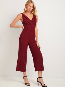 Solid Lace Insert Surplice Neck Zip Side Jumpsuit