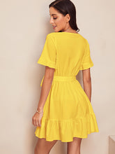 Load image into Gallery viewer, Surplice Wrap Belted Ruffle Hem Dress