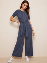 Load image into Gallery viewer, Tie Waist Heather Knit Wide Leg Jumpsuit