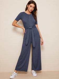 Tie Waist Heather Knit Wide Leg Jumpsuit