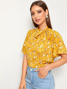 Ditsy Floral Tie Neck Raglan Sleeve Blouse