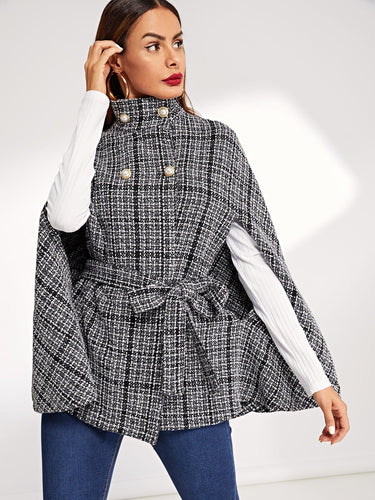 Double Breasted Front Tie Waist Tweed Cape Coat