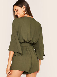 Surplice Neck Bell Sleeve Self Belted Playsuit