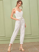 Load image into Gallery viewer, Tassel Hem Covered Button Belted Cami Jumpsuit