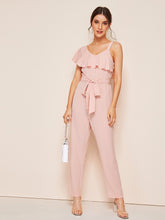 Load image into Gallery viewer, Asymmetrical Neck Ruffle Foldover Self Belted Jumpsuit