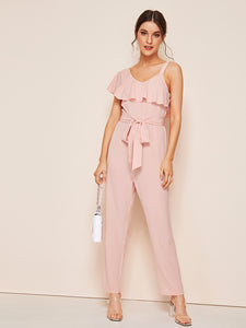 Asymmetrical Neck Ruffle Foldover Self Belted Jumpsuit