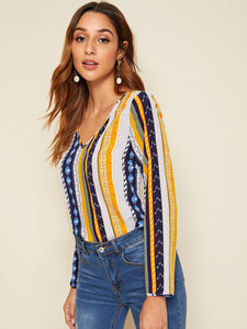 V-neck Tribal Print Top