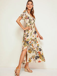 Botanical Print Shirred Waist Button Front Dress