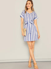 Load image into Gallery viewer, Block Striped Belt Dress