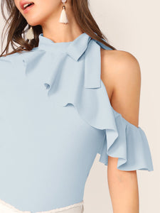 Tie Neck Cold Shoulder Ruffle Trim Top