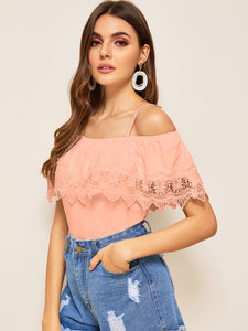 Cold Shoulder Guipure Lace Trim Top