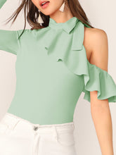 Load image into Gallery viewer, Tie Neck Cold Shoulder Ruffle Trim Top