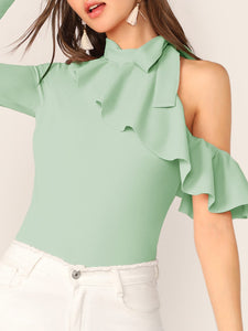 Tie Neck Cold Shoulder Ruffle Trim Top