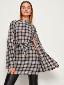 Self Tie Plaid Cape Outerwear