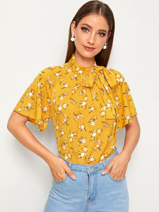 Ditsy Floral Tie Neck Raglan Sleeve Blouse