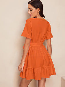 Surplice Wrap Belted Ruffle Hem Dress