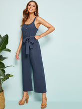 Load image into Gallery viewer, Button Front Belted Wide Leg Slip Jumpsuit